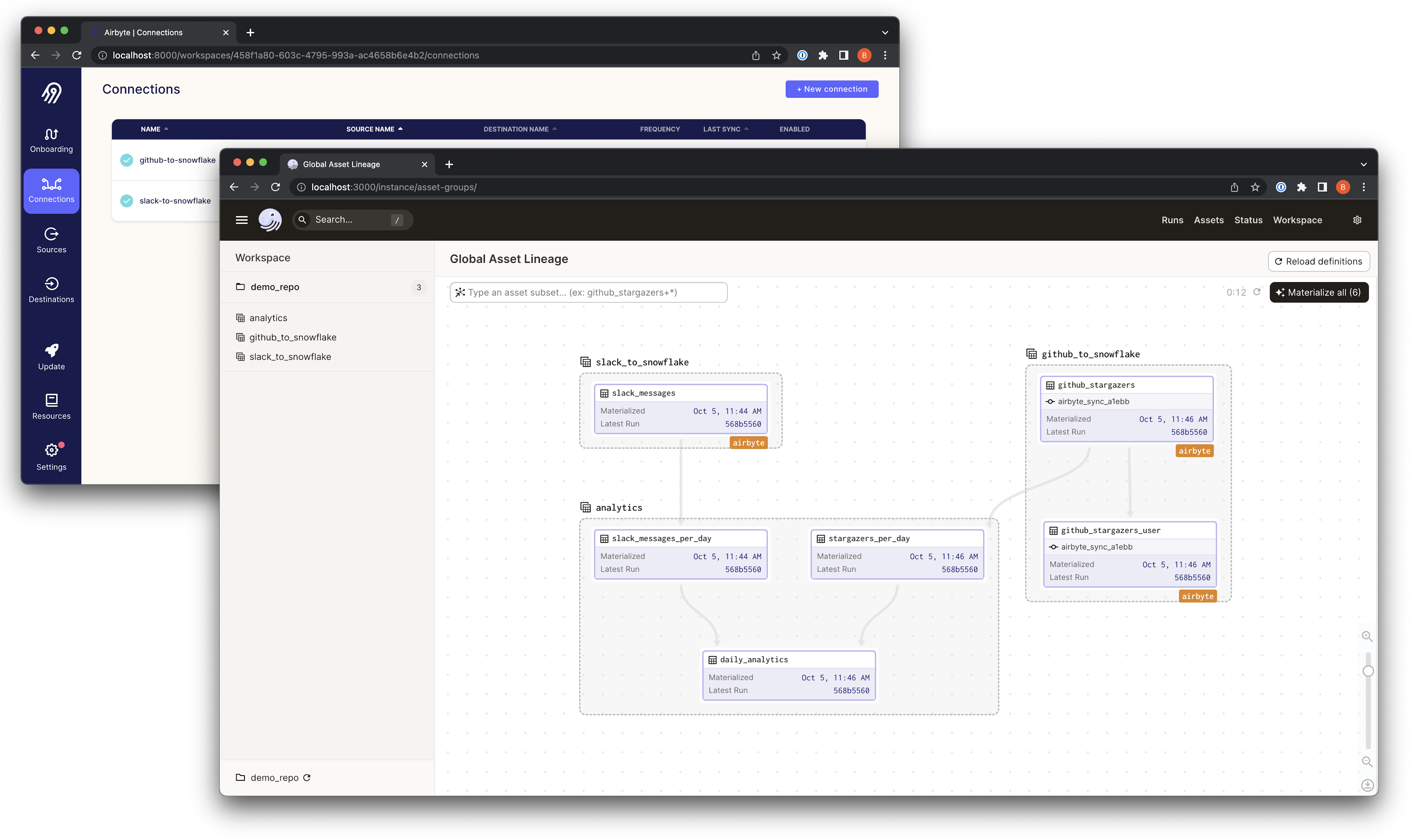 Screenshot of the Airbyte UI in a browser, showing the connection ID in the URL.